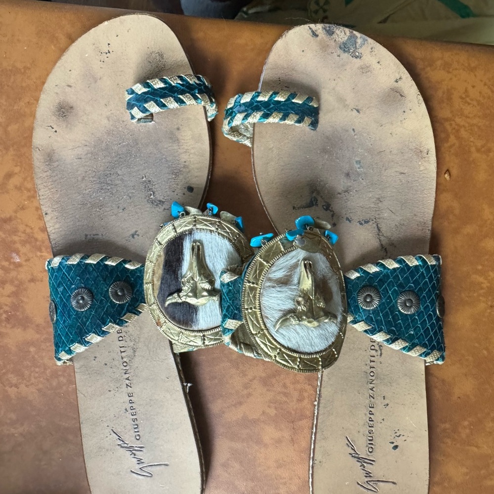 Giuseppe Zanotti Gold and Green Sandals with Metallic Medallions